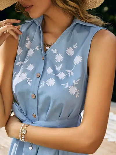 Blue Summer Short Dress Floral Clothes