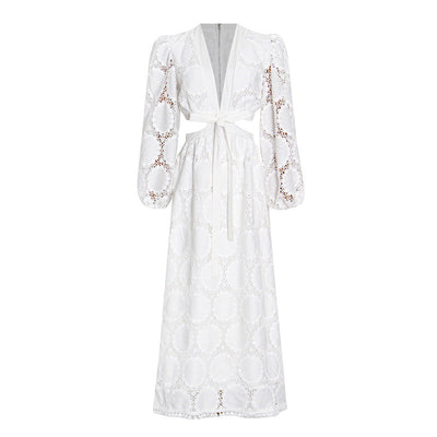 Boho White Lace Dress With Sleeves Beach Dress