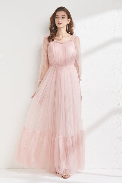 2021 Summer Pink Mesh High Waist Slim Fit Elegant Fresh Bridesmaid Dress Banquet Dress Lace