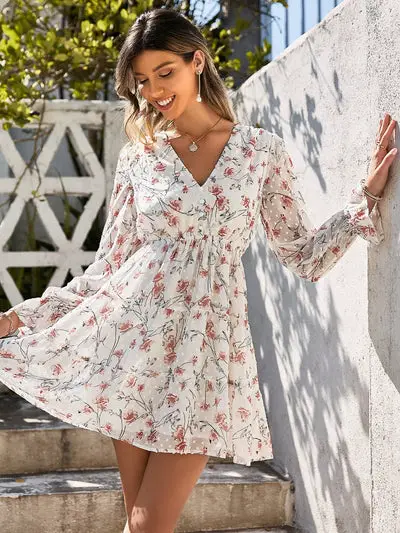 White Floral Hippie Dress Long Sleeve
