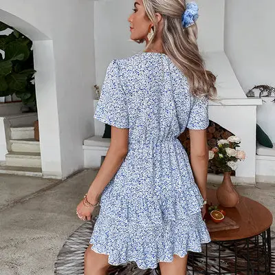 Hippie Blue Floral Printed Dress Embroidered