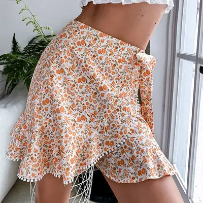 Orange Floral Boho Mini Skirt Floral Clothes
