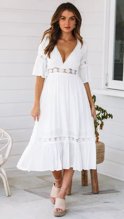 White Bohemian Maxy Dress Peasant
