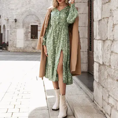 Country Green Midi Dress Long Sleeve