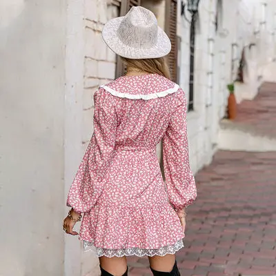 Pink Floral Dress Women With Puff Sleeve Style