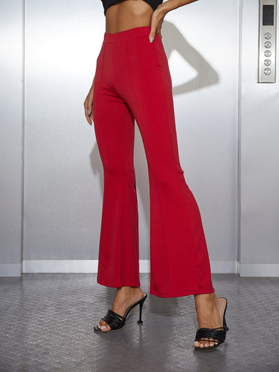 Red High Waisted Flare Pants Embroidered
