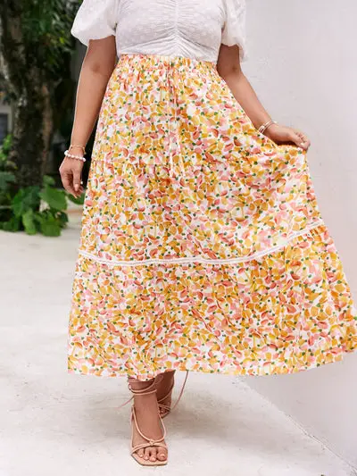 Plus Size Boho Yellow Maxi Skirt Embroidered