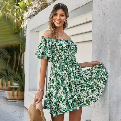 Off Shoulder Print Green Mini Dress Long Sleeve
