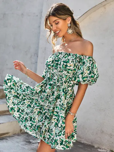 Off Shoulder Print Green Mini Dress Sundress