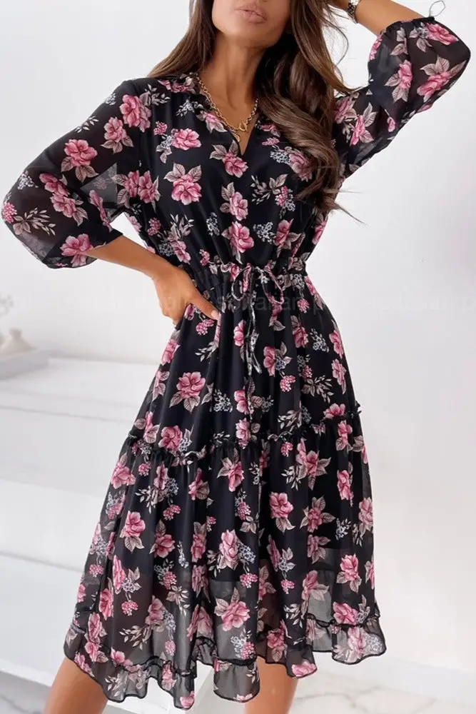 Black Dress With Pink Flowers Embroidered
