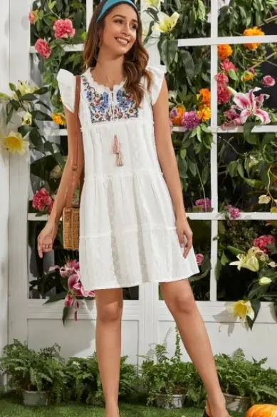 Boho Embroidered Short White Dress Style