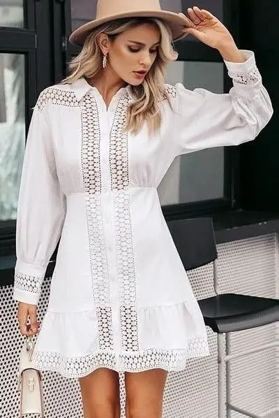 Ethnic Boho Short Dress White Lace Long Sleeve wedding