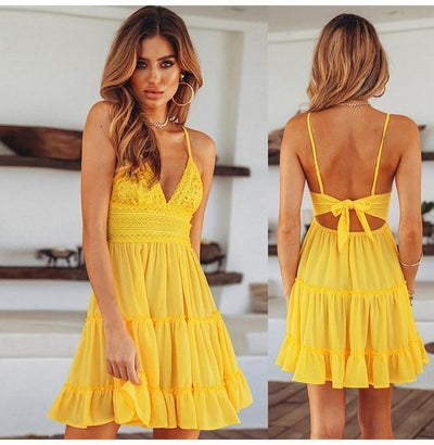 Cowgirl Boho Short Dress Yellow with Lace Chic