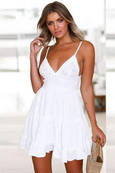 formal Boho Short Dress White with Lace and Chiffon 2021