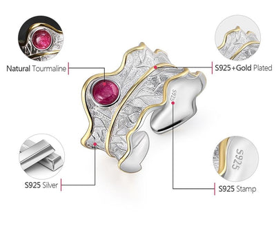 Retro Lotus Fun Real 925 Sterling Silver Handmade Natural Tourmaline Design Fine Jewelry adjustable peony leaf rings for women Jewelry maternity