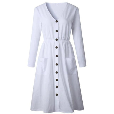 Retro White Long Dress Boho Buttons USA