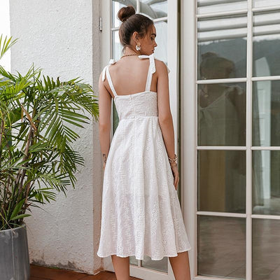 summer White Cotton Maxi Dress with Bow formal
