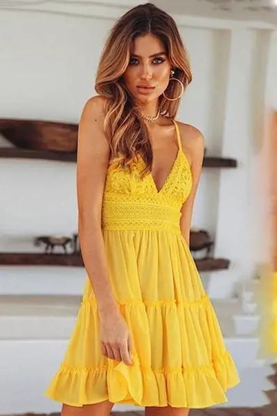 Lace Boho Short Dress Yellow with Lace beach