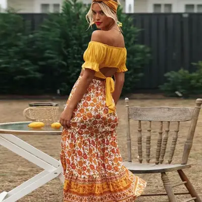USA Flowery Hippie Orange Maxi Skirt summer