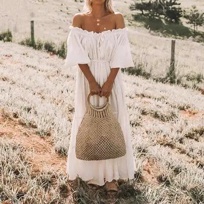 Cowgirl White Maxi Dress Boho Shoulder for sale