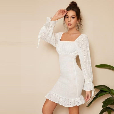 mother of the bride Short white dress boheme broderie anglaise Lace