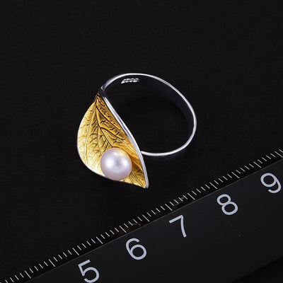 flower Lotus Fun real 925 sterling silver natural pearl 18K gold leaf ring Fine Jewelry creative open designer rings for women Jewelry flower