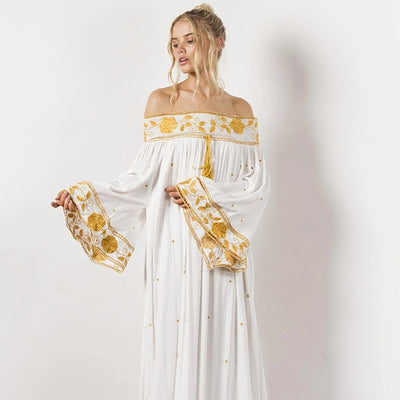 USA White Long Dress with Gold Embroidery cheap
