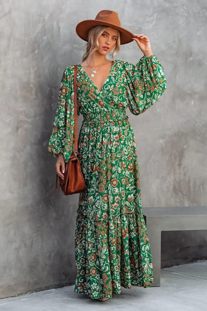 Maxi Floral Green Boho Dress Bohemian
