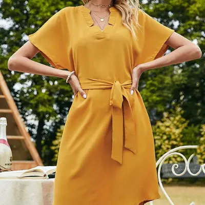 Summer V Neck Yellow Dress Embroidered