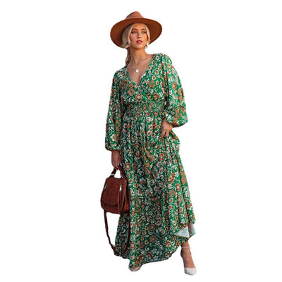 Maxi Floral Green Boho Dress Hippie