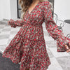 Red Long Sleeve Short Dress Floral Clothes