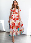 Red And White Floral Bohemian Dress Embroidered