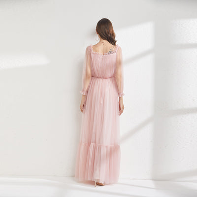 2021 Summer Pink Mesh High Waist Slim Fit Elegant Fresh Bridesmaid Dress Banquet Dress Style