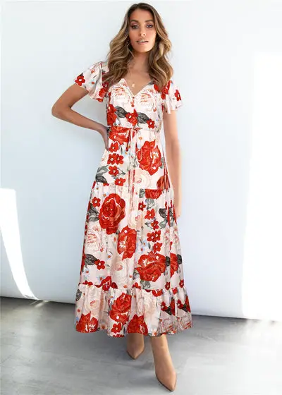 Red And White Floral Bohemian Dress Cute