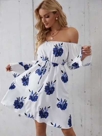 Autumn White And Blue Dress Floral Clothes