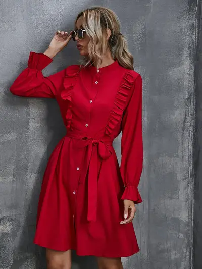 Red Ruffled Boho Dress Floral Clothes
