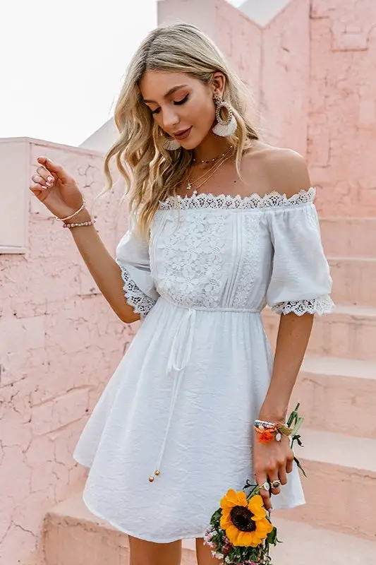 Off The Shoulder White Lace Dress Embroidered