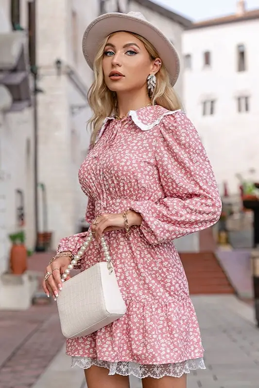Pink Floral Dress Women With Puff Sleeve 2022
