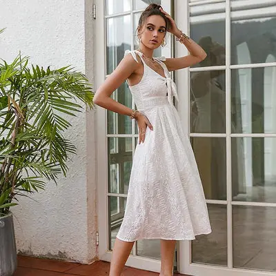 sexy White Cotton Maxi Dress with Bow women
