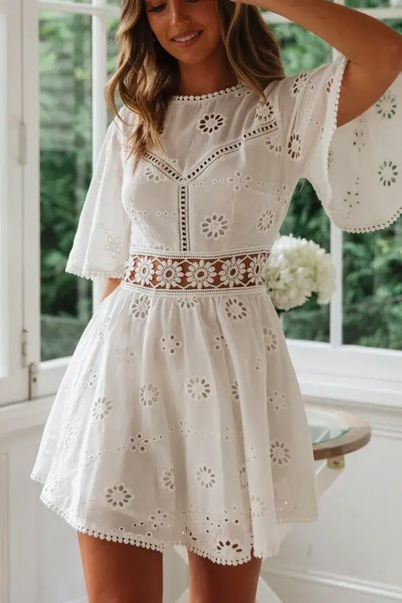 See through white lace mini dress