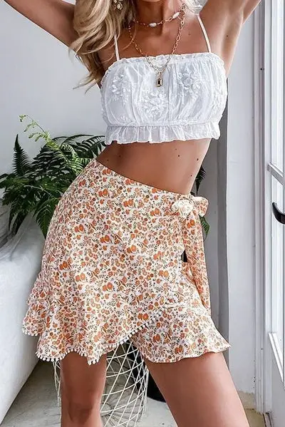 UK Boho Short Skirt Orange Flowers summer