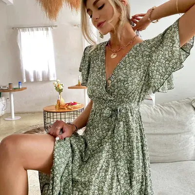 summer Boho Long Dress in Moss Green Lace