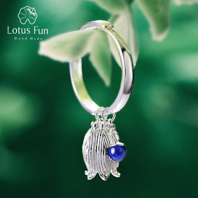 2022 Lotus Fun real 925 sterling silver Lapis natural gemstones creative Vintage beautiful jewelry fresh redbud flower bell rings for women Lace