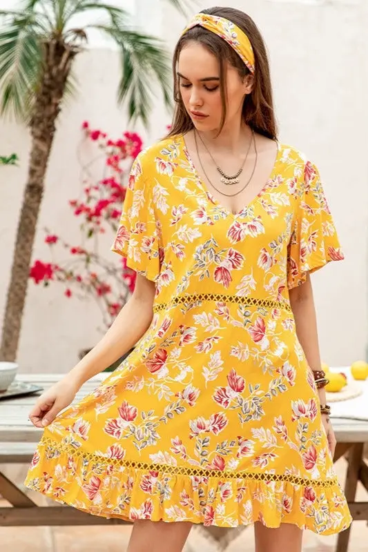 Yellow Floral Boho Dress Embroidered