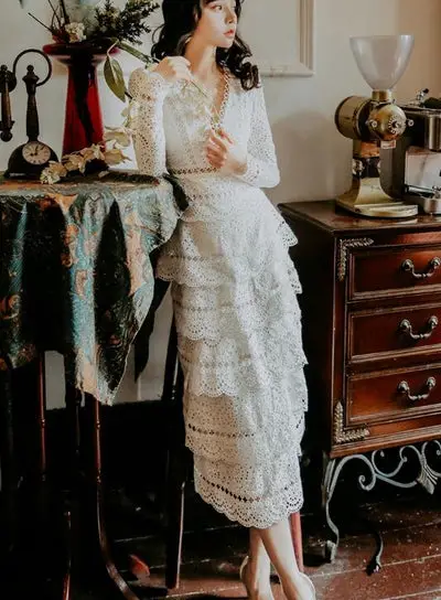 flower Gypsy Lace Dress White Long Sleeve Cowgirl