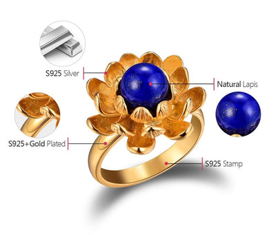 cute Lotus Fun Real 925 Sterling Silver Natural Blue Lapiz Handmade Designer Jewelry Lotus Flower Flower Rings Women Jewelry cute