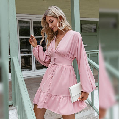 beach Pink Puffy Sleeve Short Dress 2021