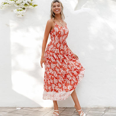 Retro Red Floral Maxi Dress Grunge