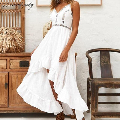 White Maxi Dress Boho Asymmetry