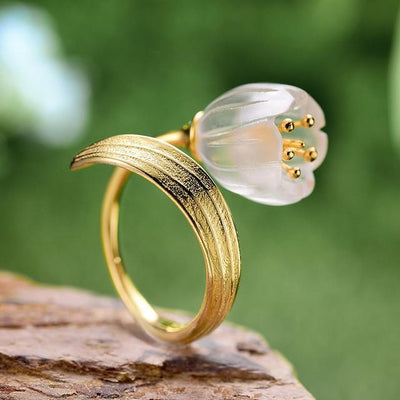 Lotus Fun Real 925 Sterling Silver 18k Natural Gold Crystal Handmade Fine Jewelry Lily of the Valley Flower Rings for Women